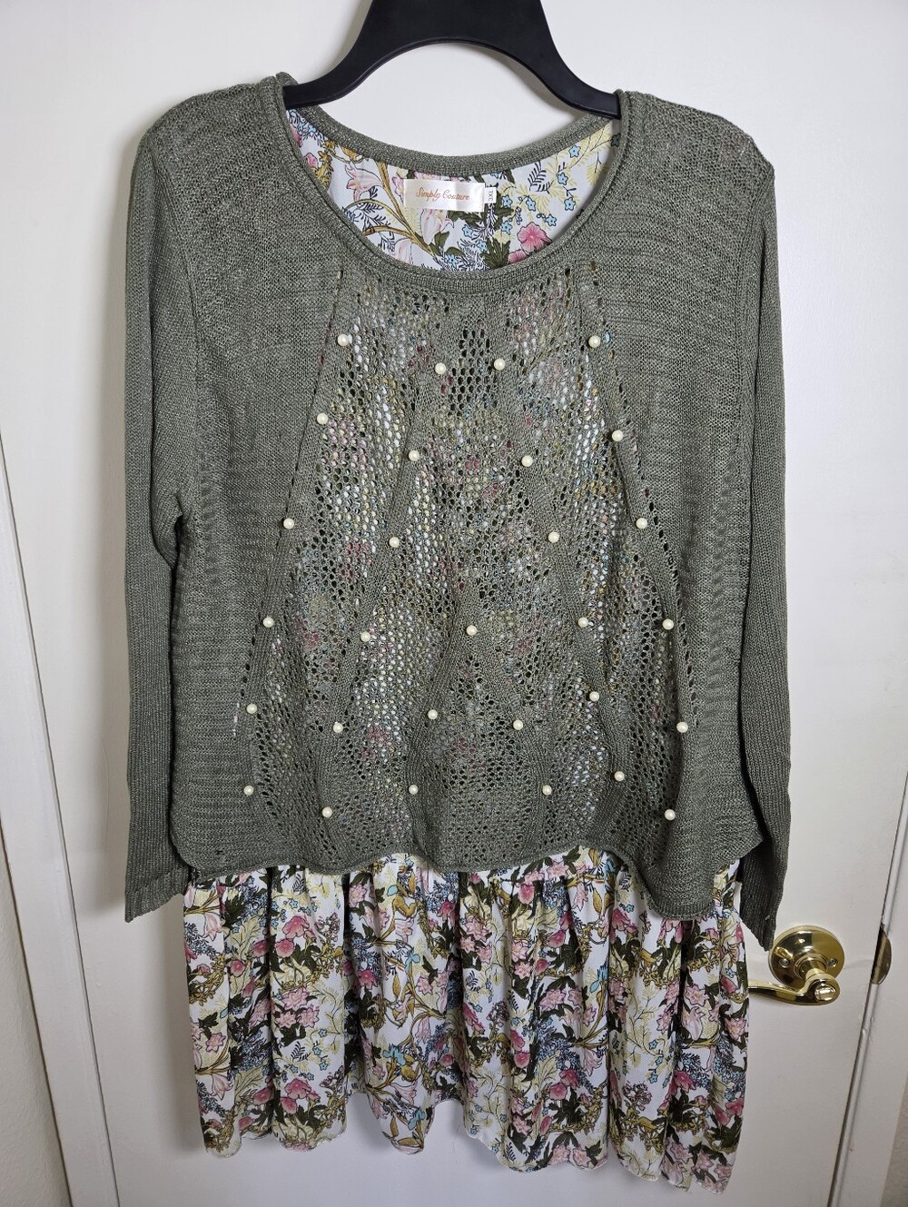 Simply Couture Olive Green Crewneck Sweater with Pearl Detail Boho Cottagecore